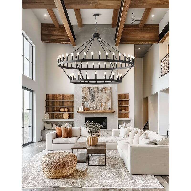 2 Tier Dining Room Light Fixture, Wagon Wheel Chandelier 47/60/70 inch Extra Large, Farmhouse Round Rustic Lighting