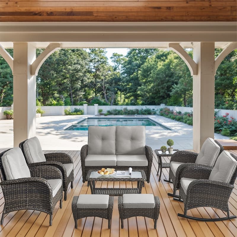 Outdoor Glider Sofa,Patio Chair, Rocking Chair with Ottomans - Brown - Beige