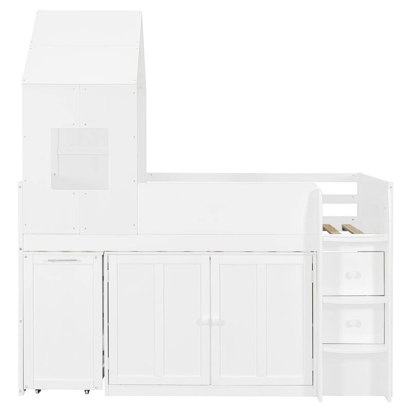 House-Style Kids Loft Bed Frame with Cabinets, Desk, Twin Size Wooden Loft Bed with Safety Guardrail & Storage Ladder