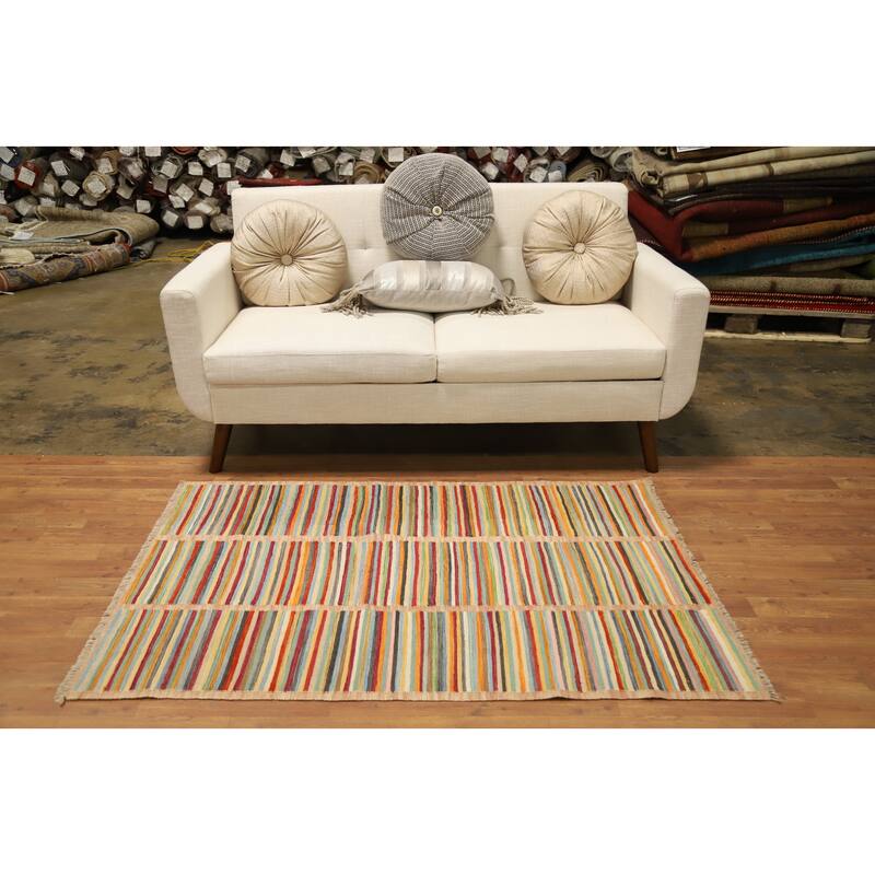 Hand Woven Oriental 100% Wool Carpet Southwestern Modern Multi-Colored Kilim Area Rug - 4' 10'' X 3' 3''
