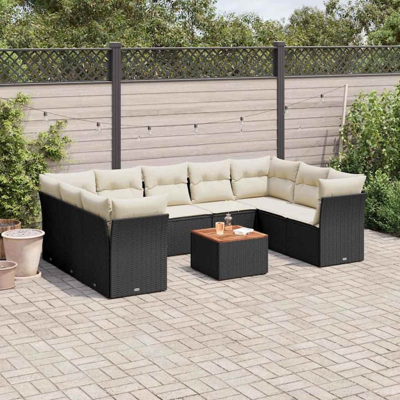 vidaXL Patio Sofa Set with Cushions Outdoor Furniture 10 Piece Poly Rattan - 24.4 x 24.4 x 27.2 - Black and Cream