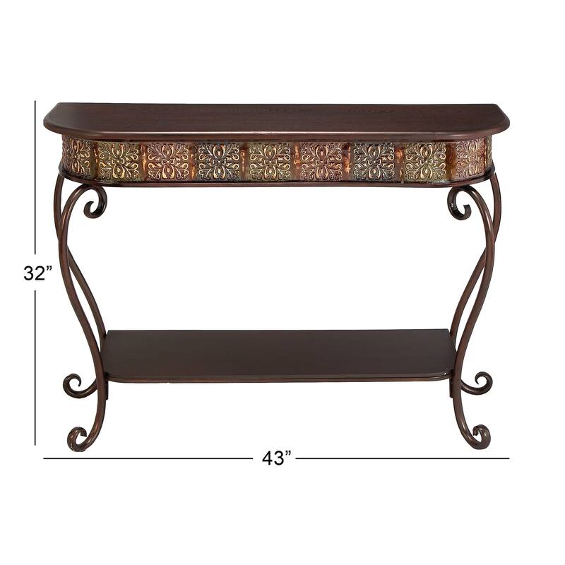 Brown Metal Embossed 1 Shelf Floral Console Table with Ornate Scroll Legs