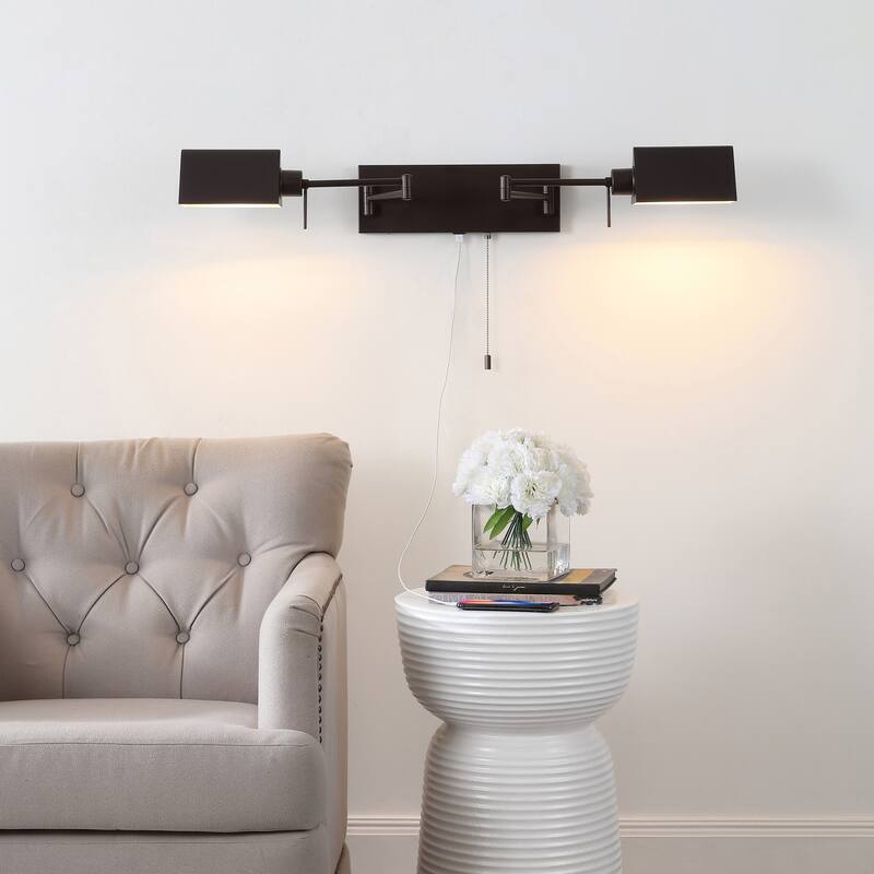 Curtis Farmhouse Swing Arm Plug-In or Hardwired Iron LED Wall Sconce with Pull-Chain with USB Charging Port, by JONATHAN Y