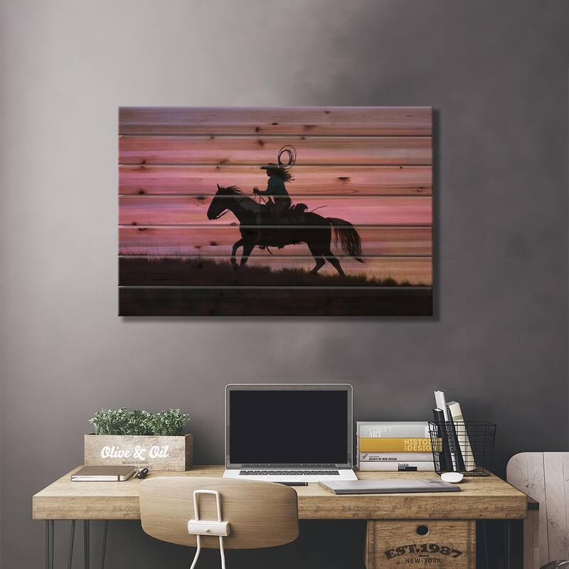 Cowboy Silhouette IV Print On Wood by Janet Fikar - Multi-Color