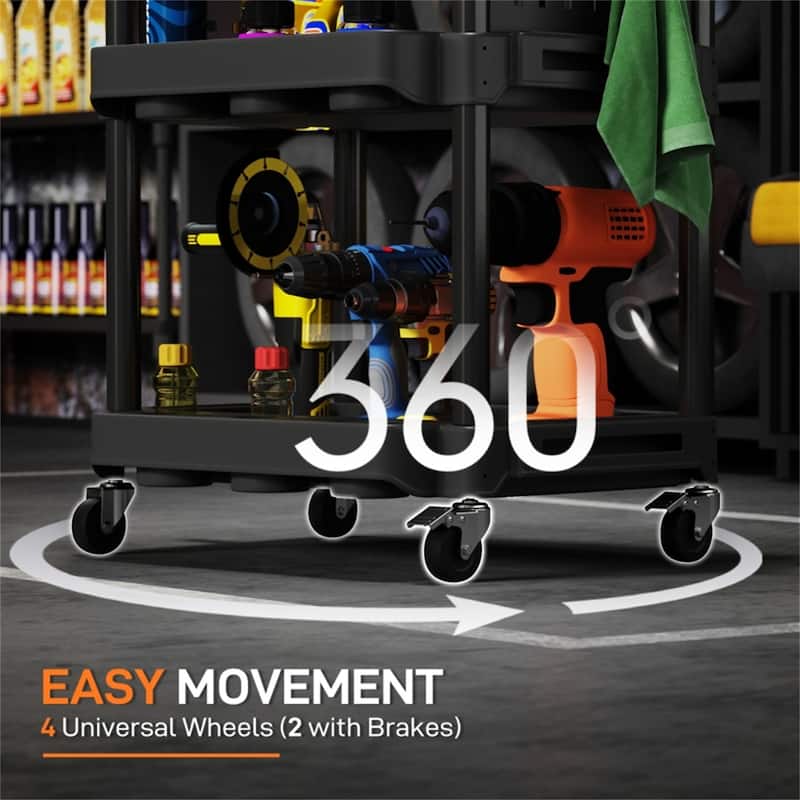 Three-Tier Mobile Rolling Tool Cart with Hooks and Storage Holes for Garage Workshop Organizer - 22.2" W x 18.7" D x 35" H