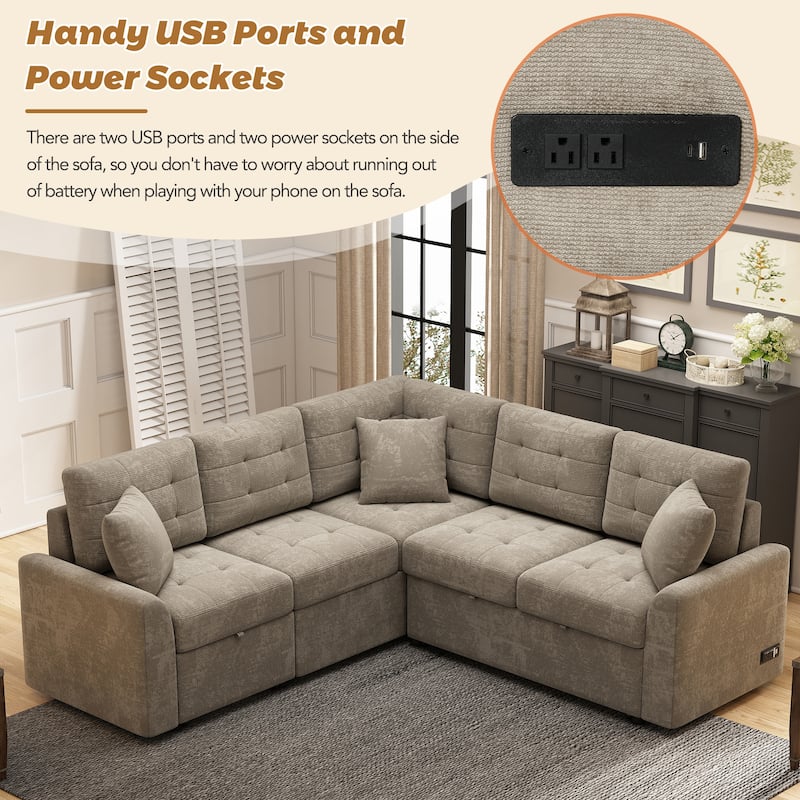 Brown 82.6" Convertible L-Shaped 5-Seat Sectional Sofa with Wheels, Pull-Out Bed, USB Ports, and Power Outlets