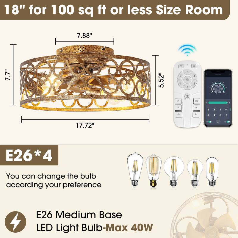 18-inch Rustic Gold Metal Caged Flush Low Profile Celing Fan with Remote and APP Control