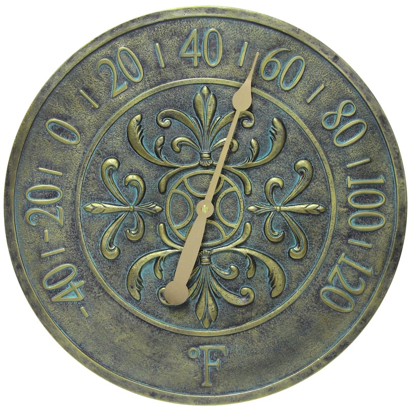 Blanc Fleur Outdoor Decorative Round 15 inch Wall Thermometer by Infinity Instruments - 15 x 1.38 x 15 - Aged Bronze