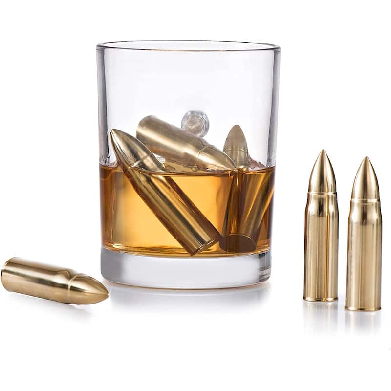 Set of 6 Gold Whiskey Chilling Stones - Gold Ice Tongs