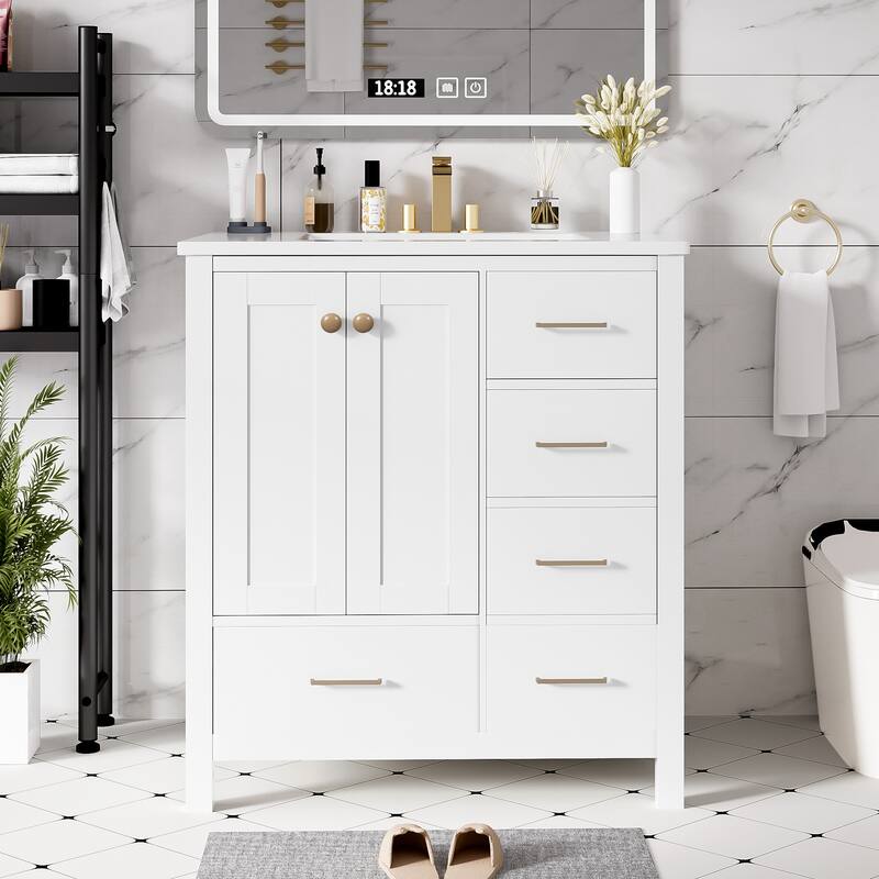Bathroom Vanity with Resin Sink Combo, Storage Cabinet with 4 Drawers and Soft Closing Doors, Vanity Set with Storage Shelf