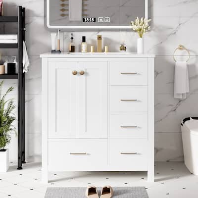 Freestanding Solid Wood Frame Storage Cabinet 30'' Bathroom Vanity with 4 Drawers, Soft Closing Doors and Gold Handles