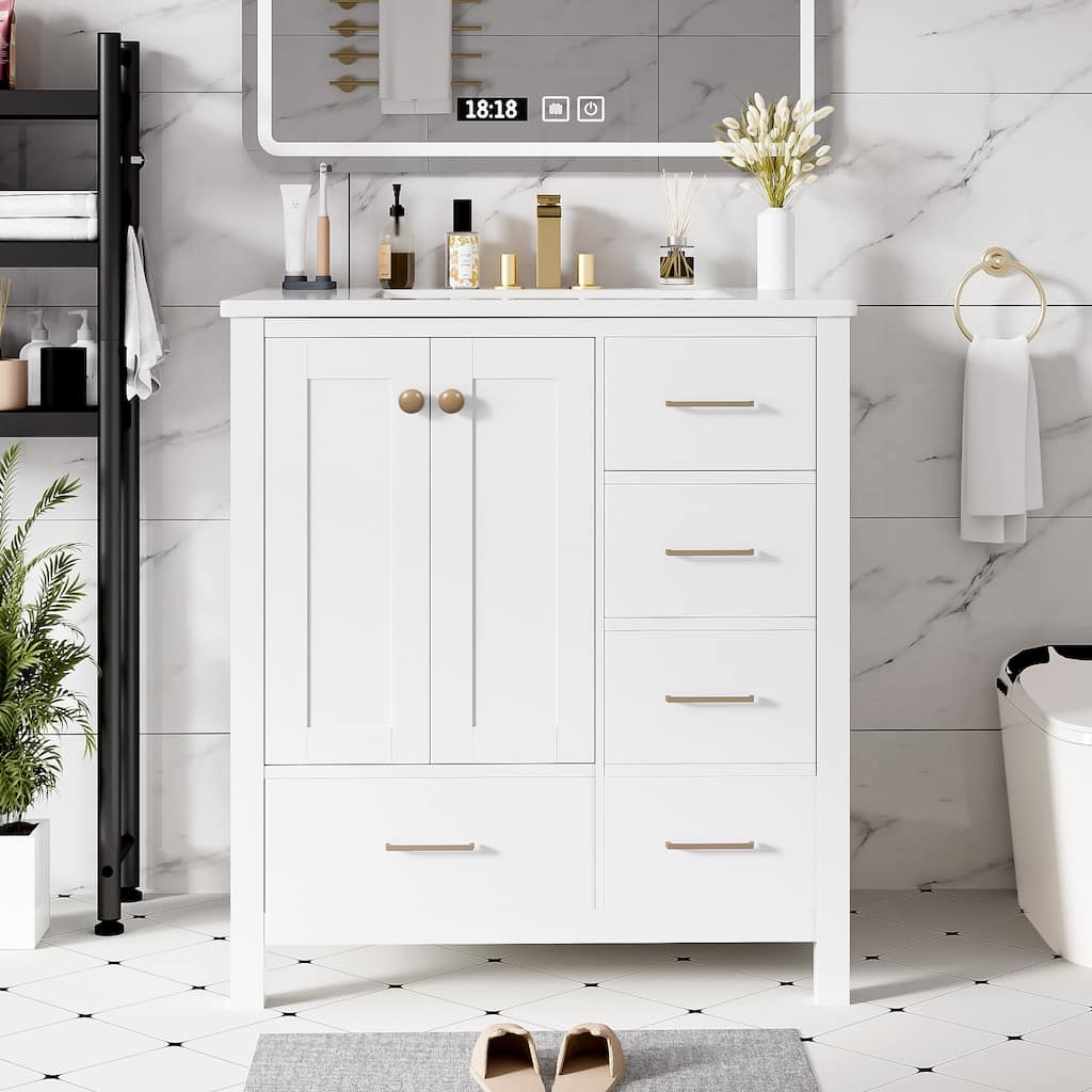 Freestanding Solid Wood Frame Storage Cabinet 30'' Bathroom Vanity with 4 Drawers, Soft Closing Doors and Gold Handles