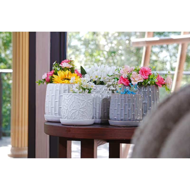 Pearl White Ceramic Planter Set of 2 - 7.8" Square Minimalist Flower Pots with Drainage
