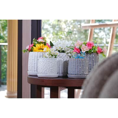 Slate Gray Ceramic Planter Set of 2 - 7.8" Square Modern Plant Pots with Drainage & Stripes
