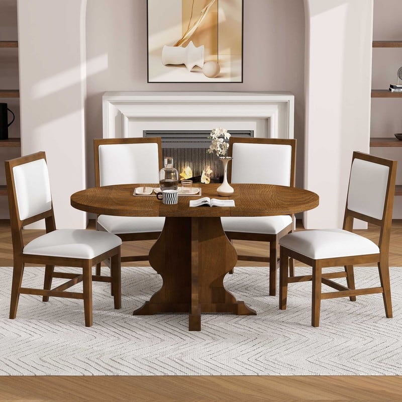 Farmhouse 5-Piece Dining Table Set with Upholstered Chairs and Extendable Dining Table for Dining Room, Kitchen and Living Room