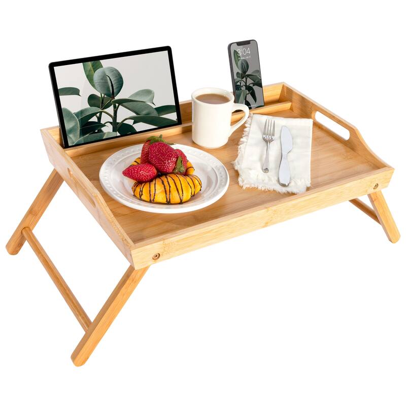 Rossie Home Large Media Bed Tray with tablet and phone holder - Natural Bamboo