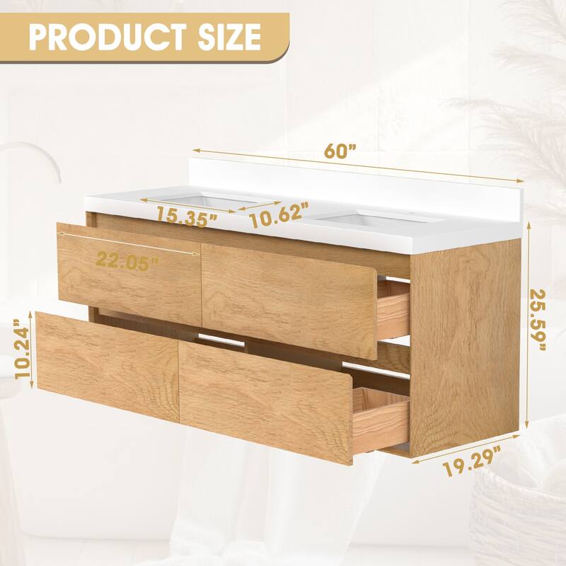 Sylphar 60 in. Toffee Oak Bath Vanity with Undermount Sink, 3 Top Options