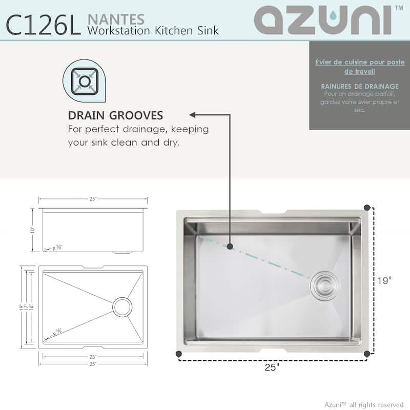AZUNI 25"L x 19"L Single Bowl Undermount 16G Reversible Workstation Kitchen Sink with accessories C126L - 25" x 19" x 10"
