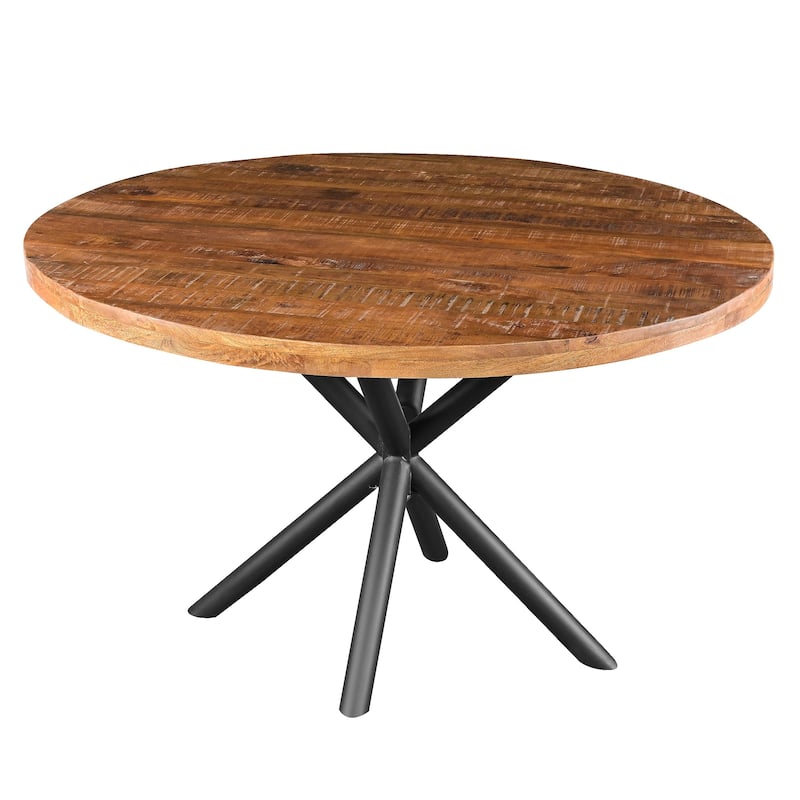 48 Inch Handcrafted Dining Table, Solid Mango Wood Round Top with Iron Crisscrossed Legs, Natural Brown and Black - Brown