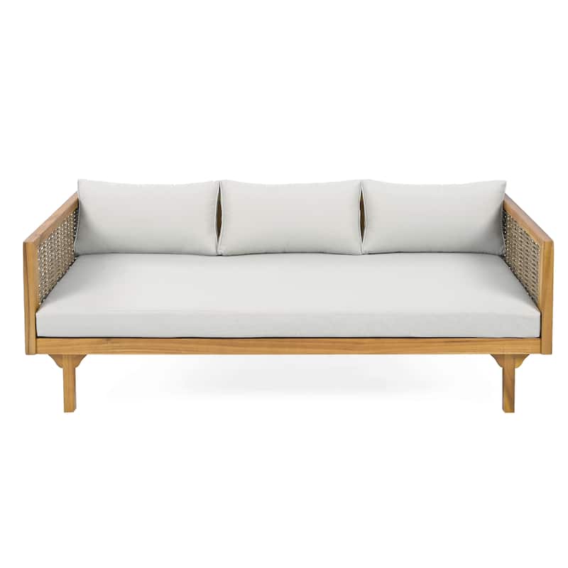 Roomfitters 3 Seater Wooden Patio Sofa, Wicker Panel Design, Modern Daybed with Weather-Resistant Cushions