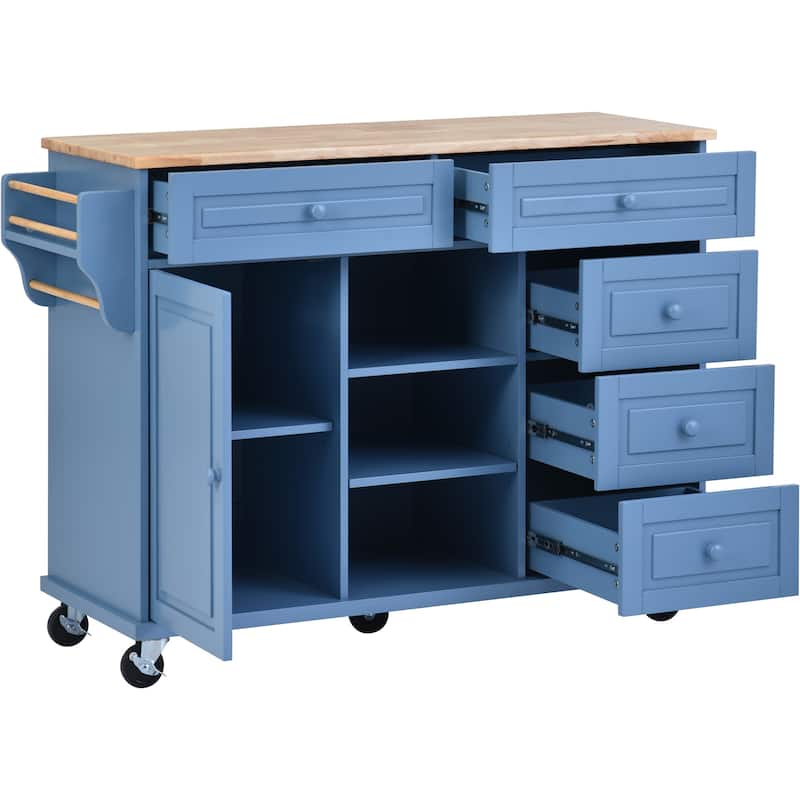 Kitchen Island with on Locking Wheels, Rolling Cart with Rubber Wood Desktop, Mobile Island with 3 Open Shelves & 5 Drawers