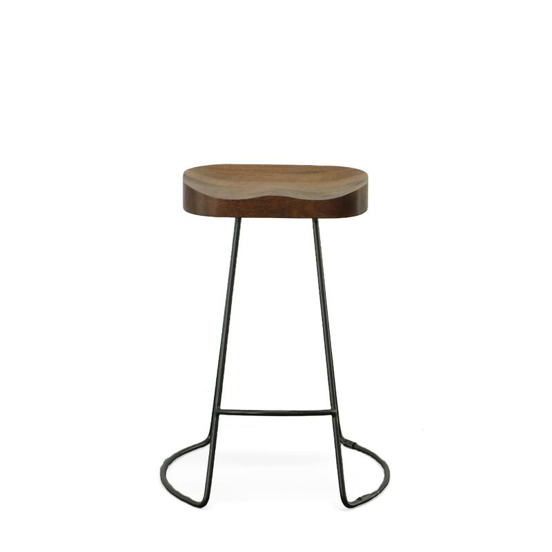25” Set of 2 Backless Mango Wood Seat Bar Stool with Steel Frame and Footrest for Kitchen Island - 25.25”H x 18.5”W x 17”D