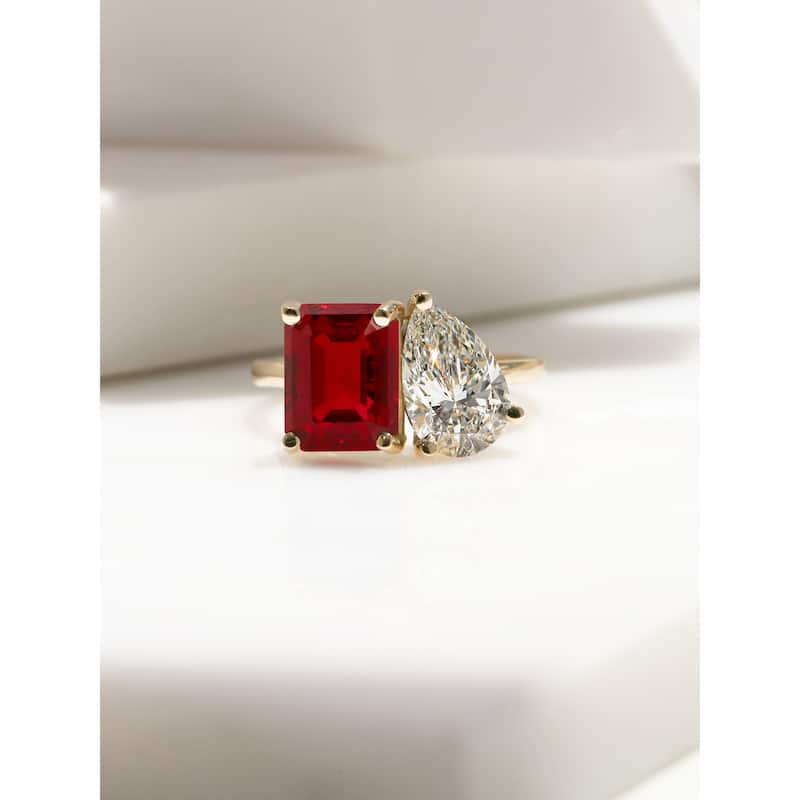 Kobelli Red Ruby & White Diamond 14k Solid Gold 2 Stone Toi et Moi Dorothy Ring (Certified, EF/VS)