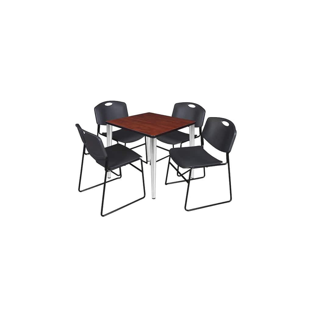 30 in. Square Breakroom Table- Cherry Top, Chrome Base & 4 Stack Chairs- Black