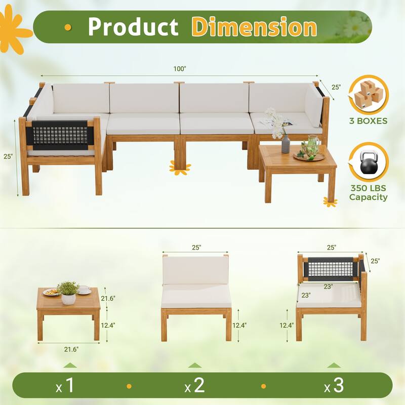 Furniwell 5/6/7-pieces Acacia Patio Furniture Set, Wooden Conversation Set,Outdoor Modular Design Sofa Set with Side Table