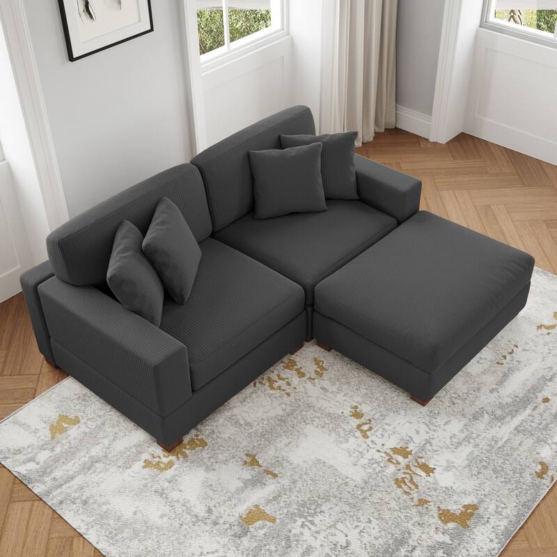 Ella 82" W/ 118" W Corduroy Modular Sectional Sofa with Ottoman