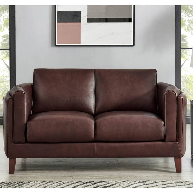Hydeline Maui Top Grain Leather Loveseat With Feather, Memory Foam and Springs - Raisin Brown