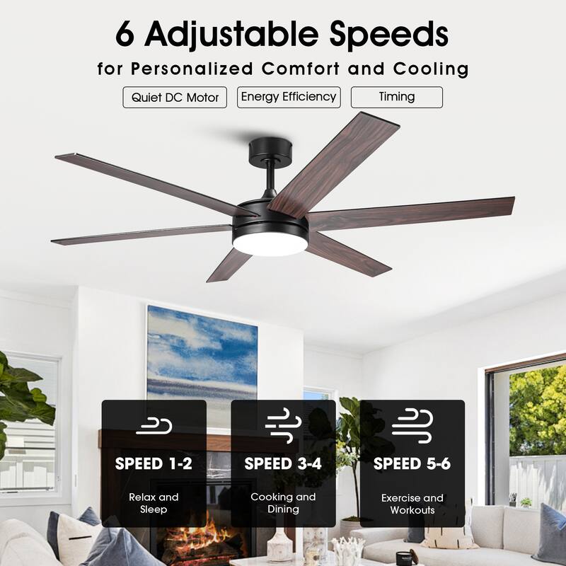 60-inch Modern Black Wood Integrated LED Indoor Smart Ceiling Fan with Light and APP