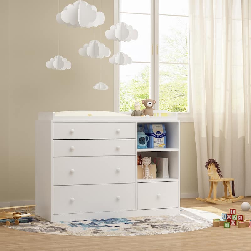 Timechee 47" Heavy Changing Table Drawers Dresser Chest White Cabinet