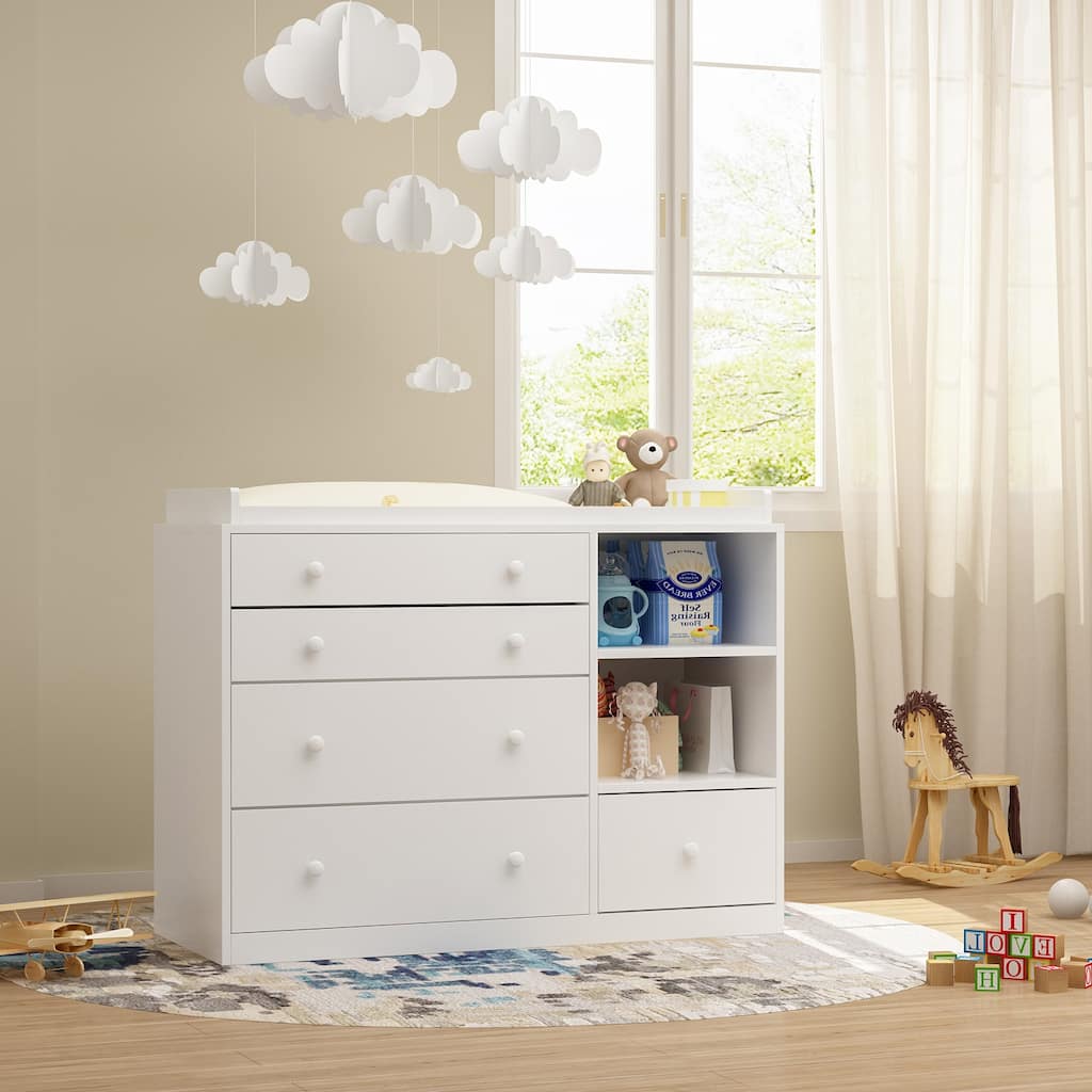 Timechee 47" Heavy Changing Table Drawers Dresser Chest White Cabinet