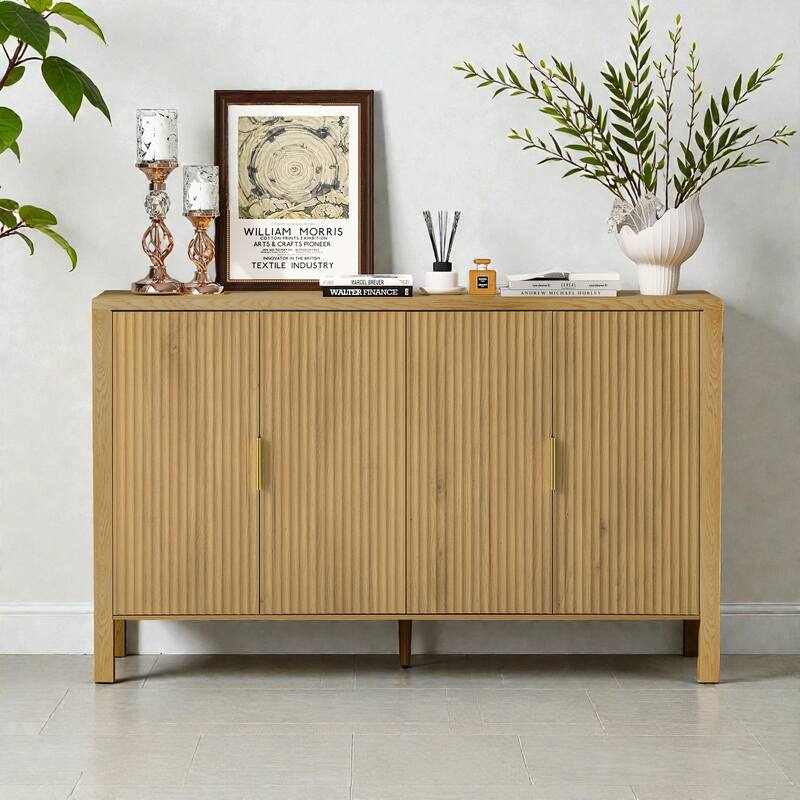 57.5" Modern Stripe Door Storage Cabinet with 4 Doors, Adjustable Shelves, Back-of-Door Racks & Side Hooks - Natural