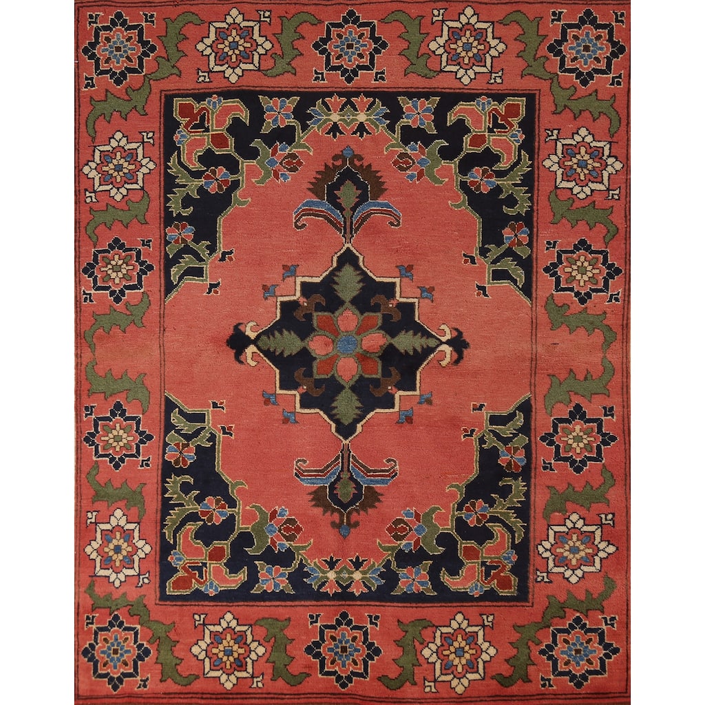 Geometric Anatolian Turkish Area Rug Hand-Knotted Pink Wool Carpet - 4'9"x 6'0"