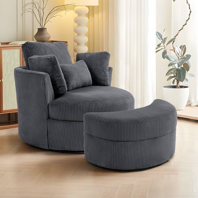 41" W Oversized Accent Barrel Swivel Chair with Moon Storage Ottoman - Set of Chair with Ottoman - Gray Corduroy