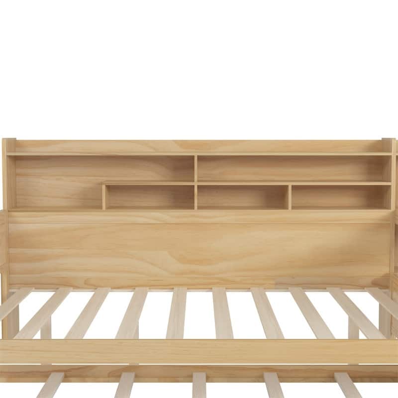Wooden Daybed with Study Desk and Twin Size Trundle, Twin/Full Size Daybed Frame Sofa Bed with Storage Shelves