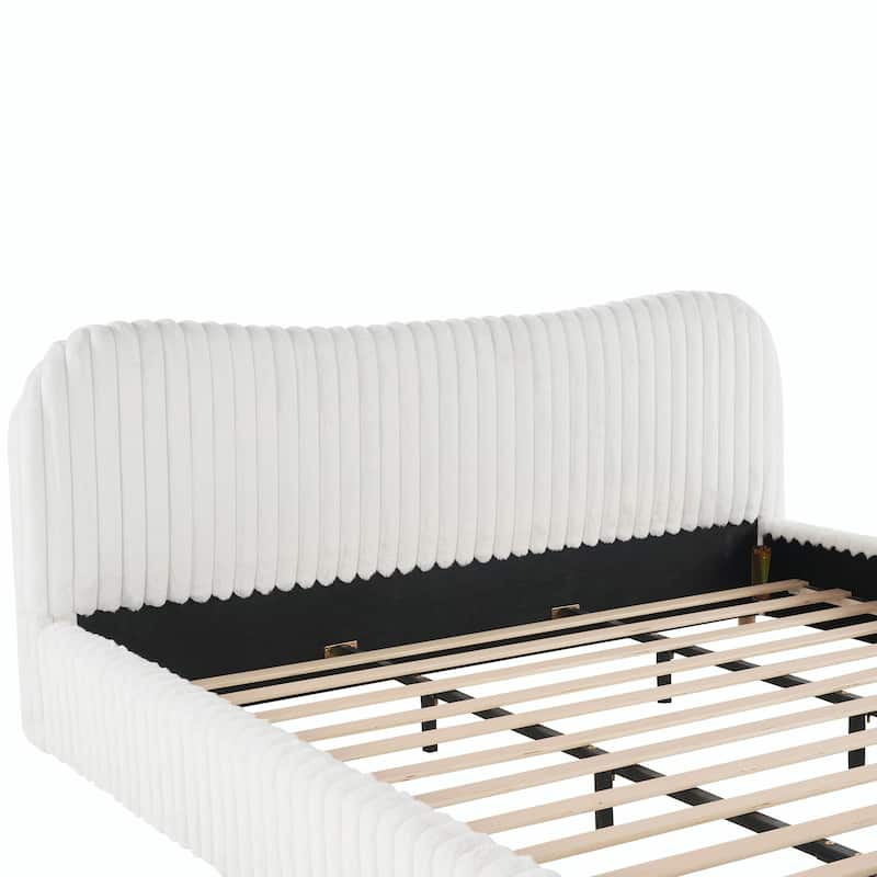 Sleek White Bouclé Upholstered Bed with Wavy Headboard & Vertical Stitching