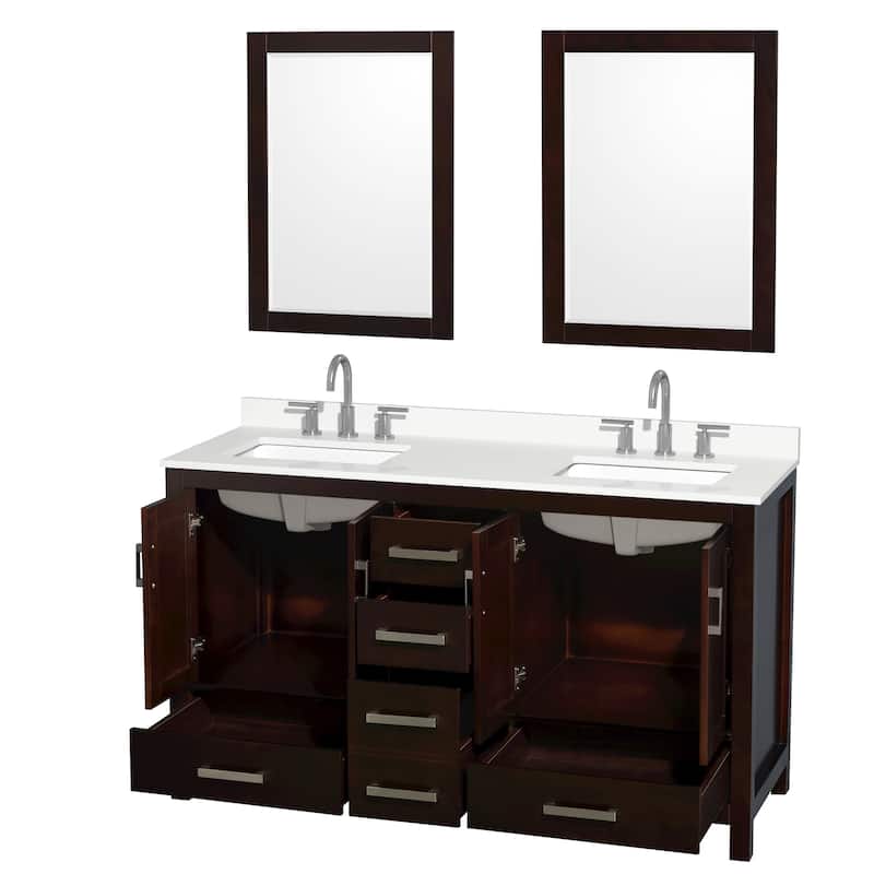 Sheffield 60-inch Double Vanity, 3 Hole Quartz Top, 24-inch Mirrors
