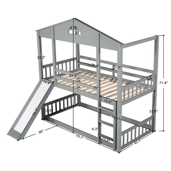 dimension image slide 1 of 2, Twin Over Twin House Bunk Bed with Convertible Slide and Ladder, Detachable into Two Twin Beds - Fun Playhouse Design for Kids