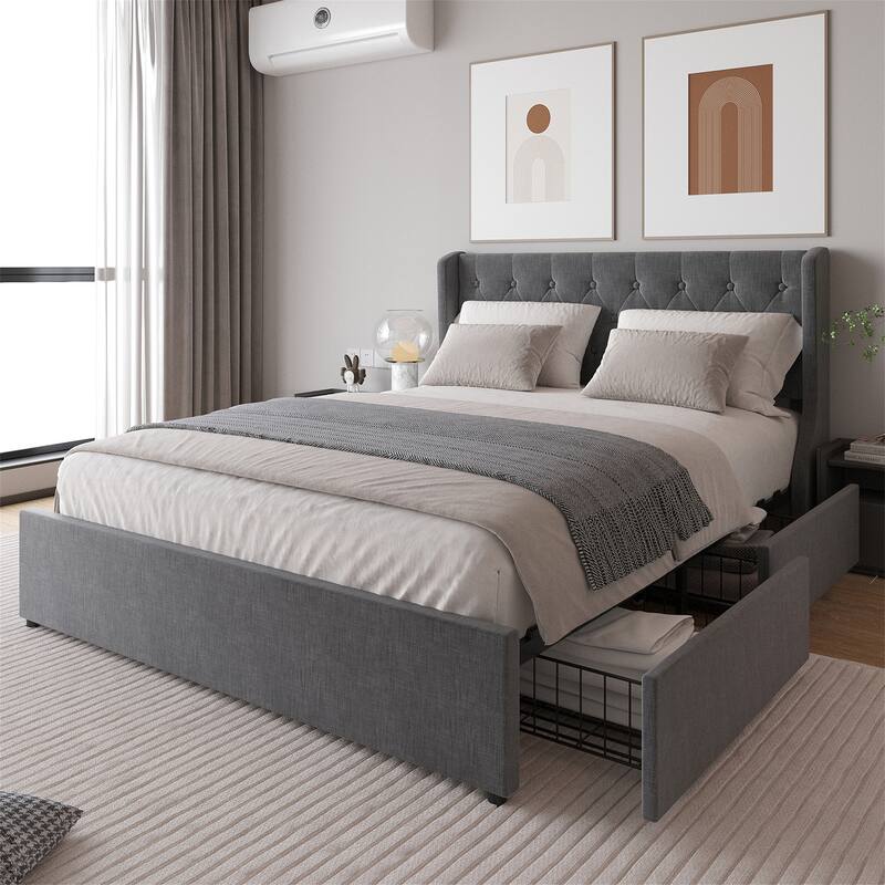 Full/Queen Size Bed Frame with 4 Drawers and Headboard,Button Tufted - Queen