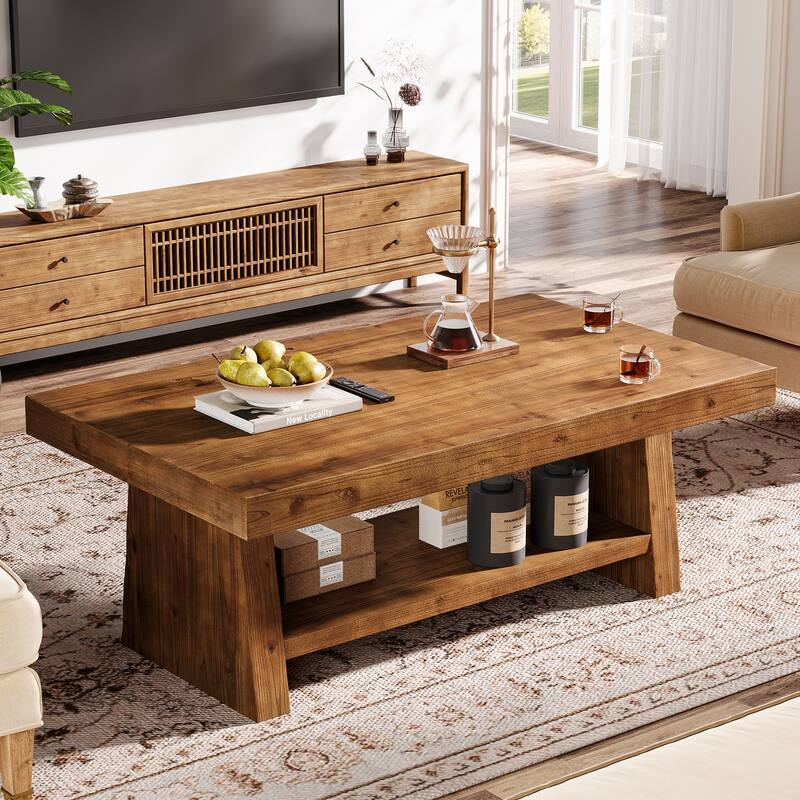 2-Tier Solid Wood Coffee Table for Living Room, Farmhouse Style