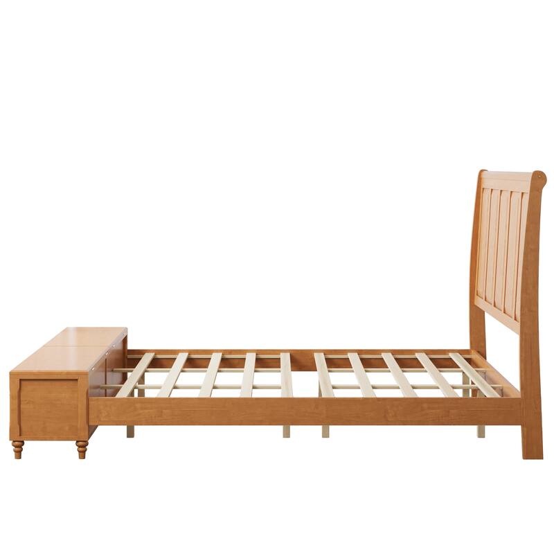 GDFStudio - Traditional Solid Wood Sleigh Bed Frame with High Paneled Headboard & Storage Chest Bench, No Box Spring Needed