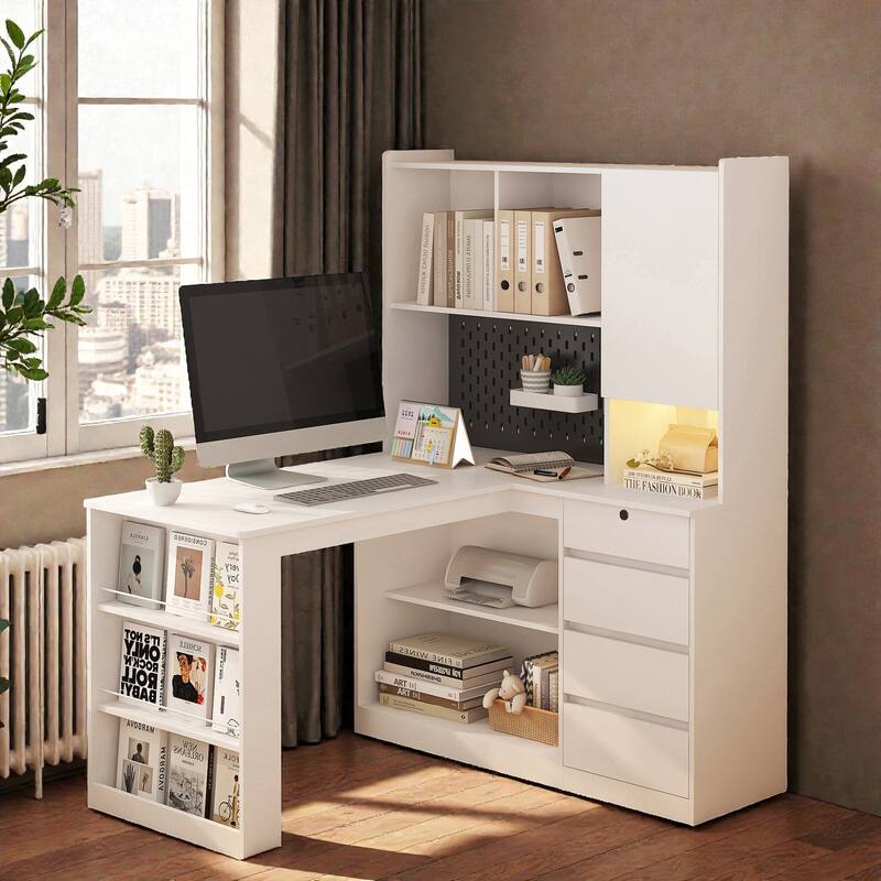 L Shaped Desk with Charger and LED Light, Corner Computer Desk with Drawers Bookshelf and Storage for Home Office