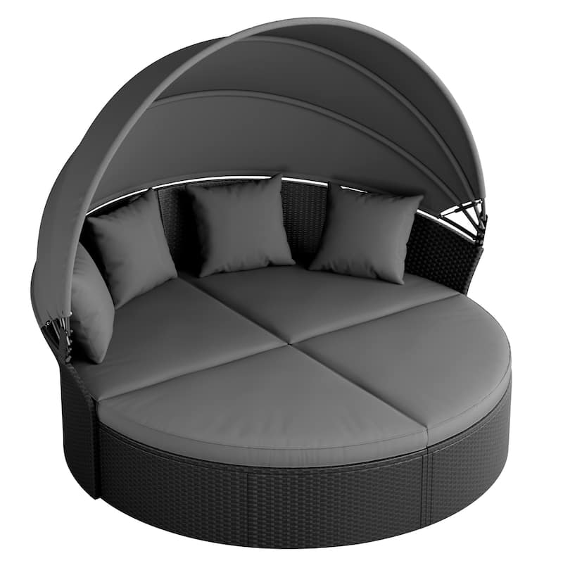 Nuon 4-piece Outdoor Black Wicker Patio Round Daybed Sectional Sofa Set with Retractable Canopy by Havenside Home