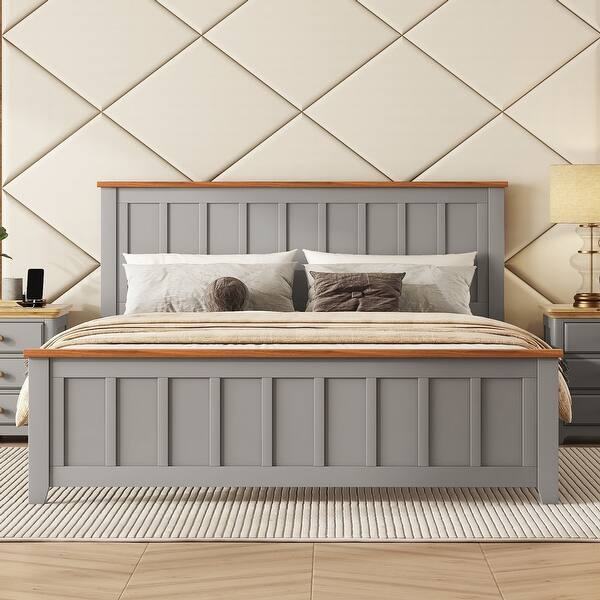 slide 2 of 10, Queen Size Wood Platform Bed Wooden Slat Support, Vintage Simple Bed Frame with Rectangular Headboard and Footboard, White Grey