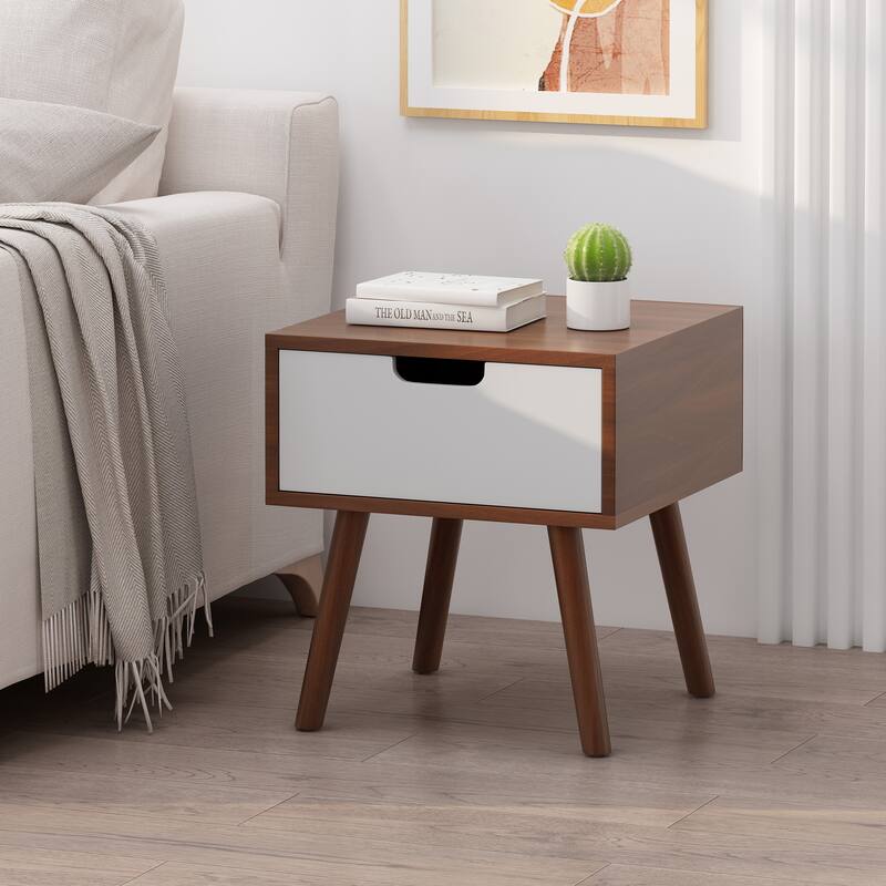 Roomfitters Modern End Table with Storage Drawer, Nightstand for Bedroom or Living Room - White+Walnut