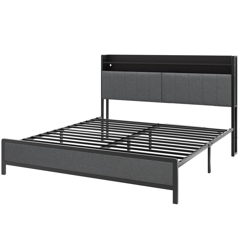 LED Bed Frame with Storage Headboard and Charging Station