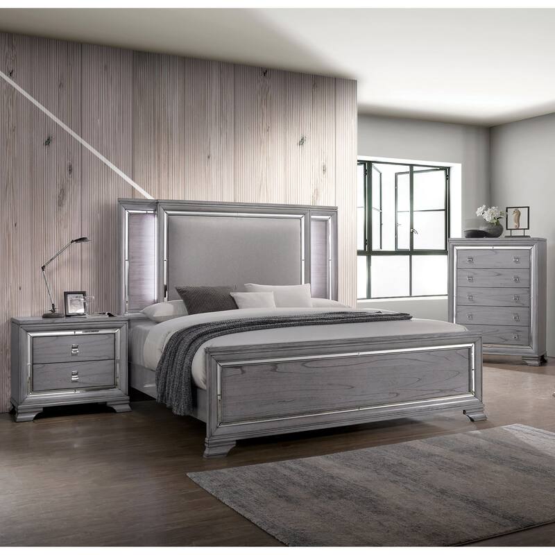 Furniture of America Taia Contemporary Grey 3-Piece Panel Bed, Nightstand and Chest Set with LED - Queen